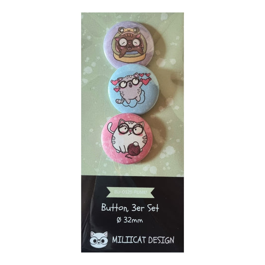 Button ⌀ 32 mm, 3er-Set, Mieze Ludwig, Hugo & Wilma