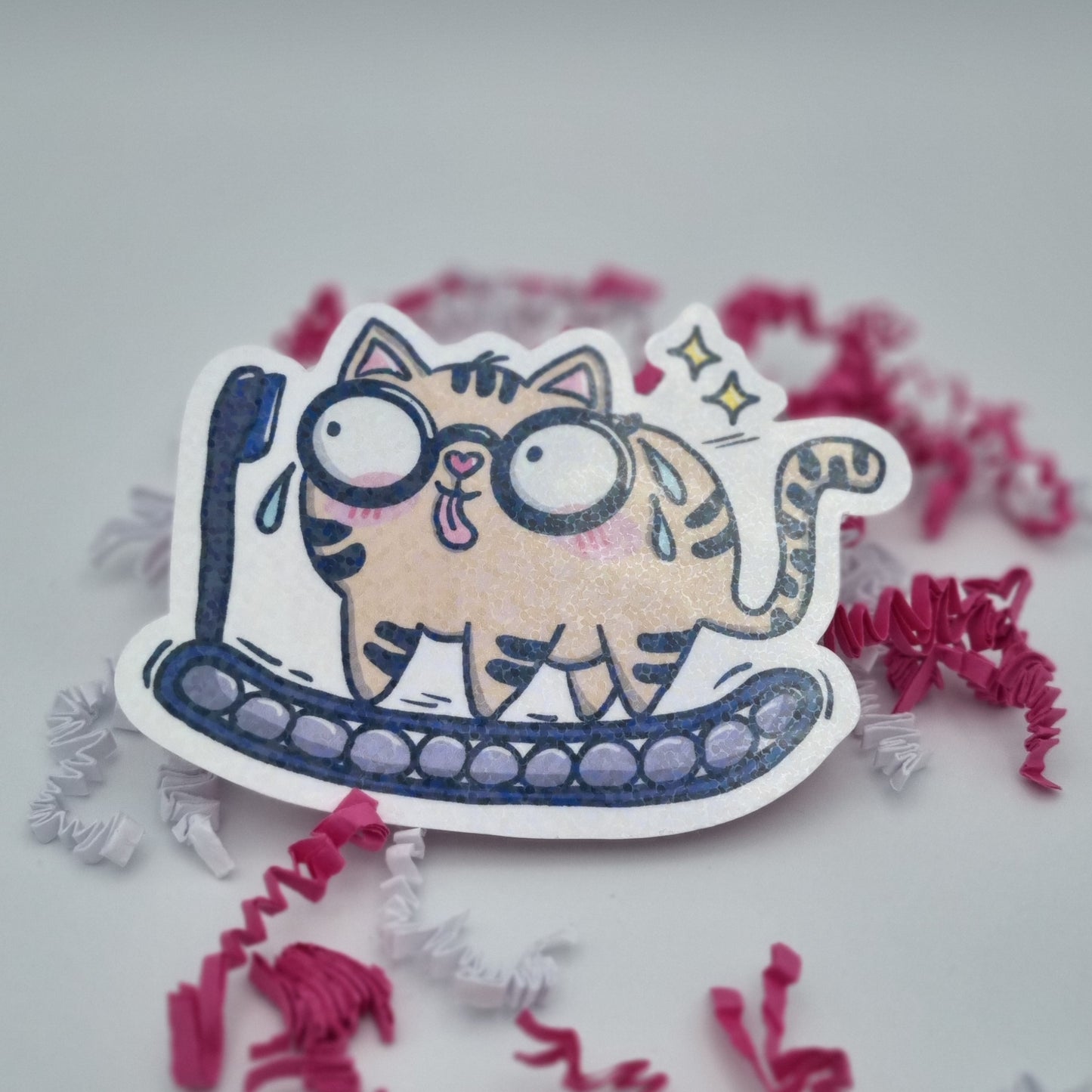 XL-Holo-Sticker "Mieze Johann" – Laufbandheld mit Ausdauerblick