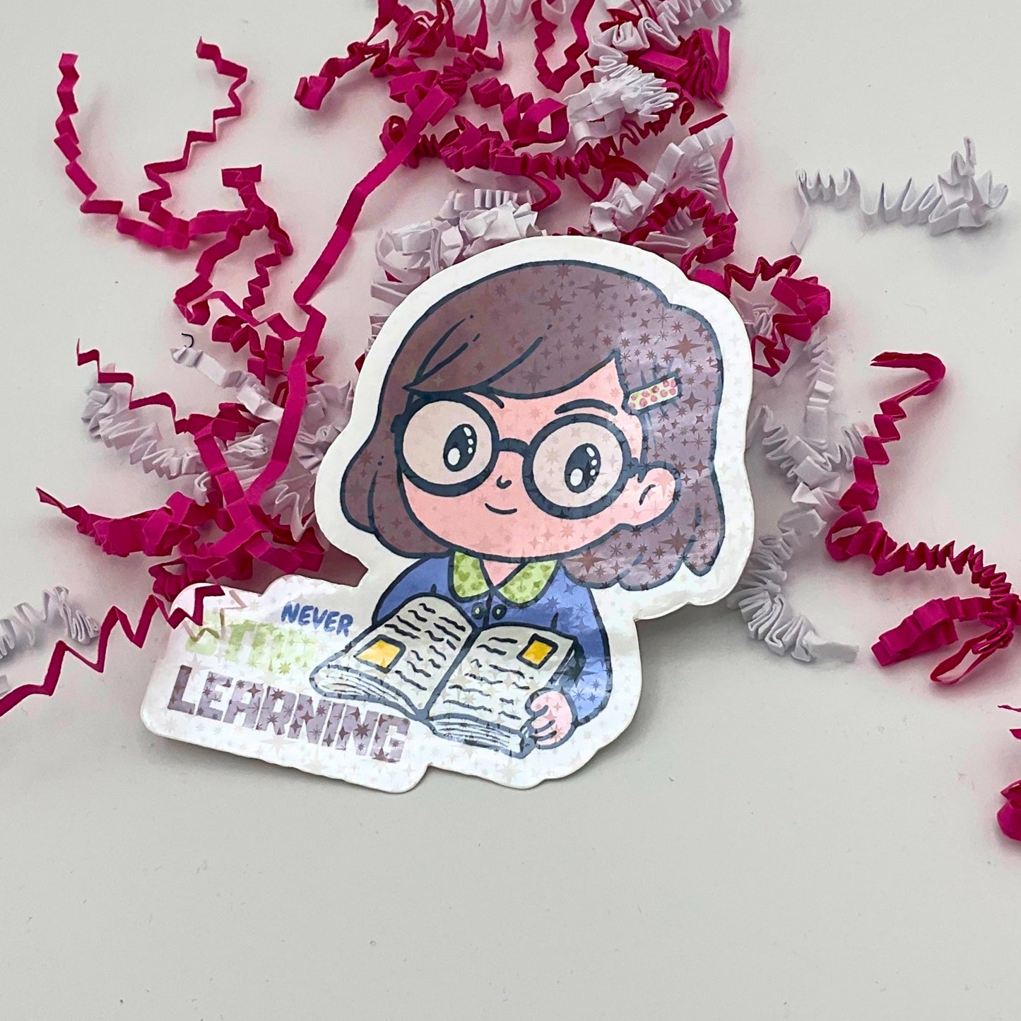 XL-Sticker "Never Stop Learning" - Vinyl-Sticker mit Holo-Effekt