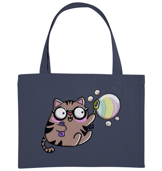XL-Shopper mit Katzenmotiv Mieze Greta. Die Katze spielt mit Seifenblasen. Super süß. Jetzt kaufen auf millicat.de - Taschenfarbe Blau.