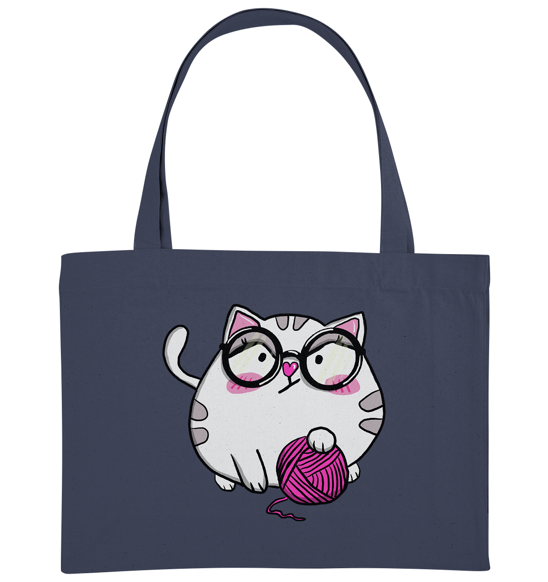 XL-Shopper mit Katzenmotiv Mieze Wilma. Die Katze ist weiß und hat ein pinkes Wollknäuel in der Pfote. Super süß. Jetzt kaufen auf millicat.de - Taschenfarbe Blau.