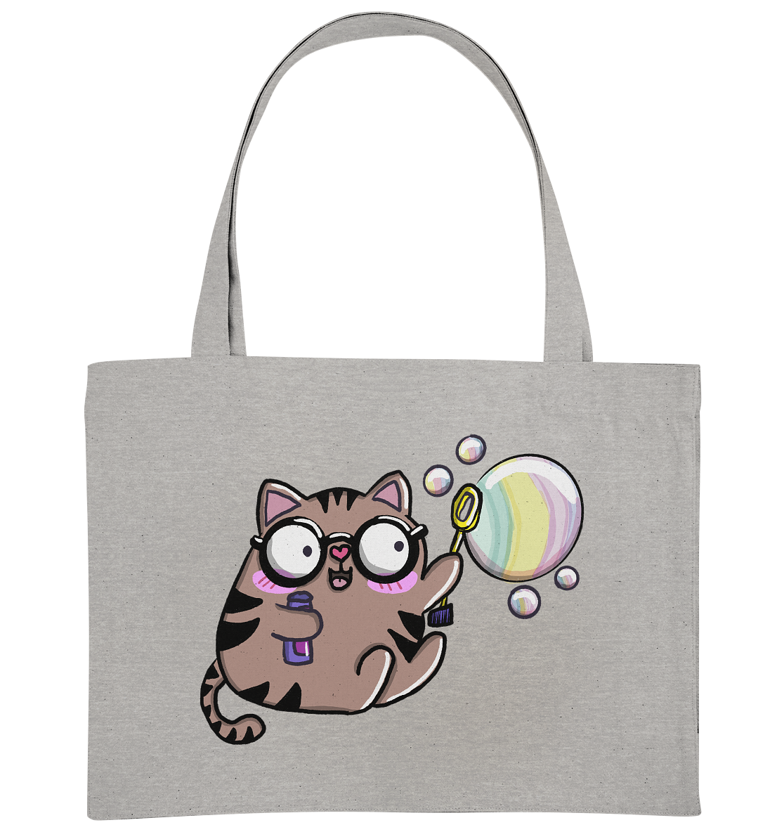 XL-Shopper mit Katzenmotiv Mieze Greta. Die Katze spielt mit Seifenblasen. Super süß. Jetzt kaufen auf millicat.de - Taschenfarbe Grau.