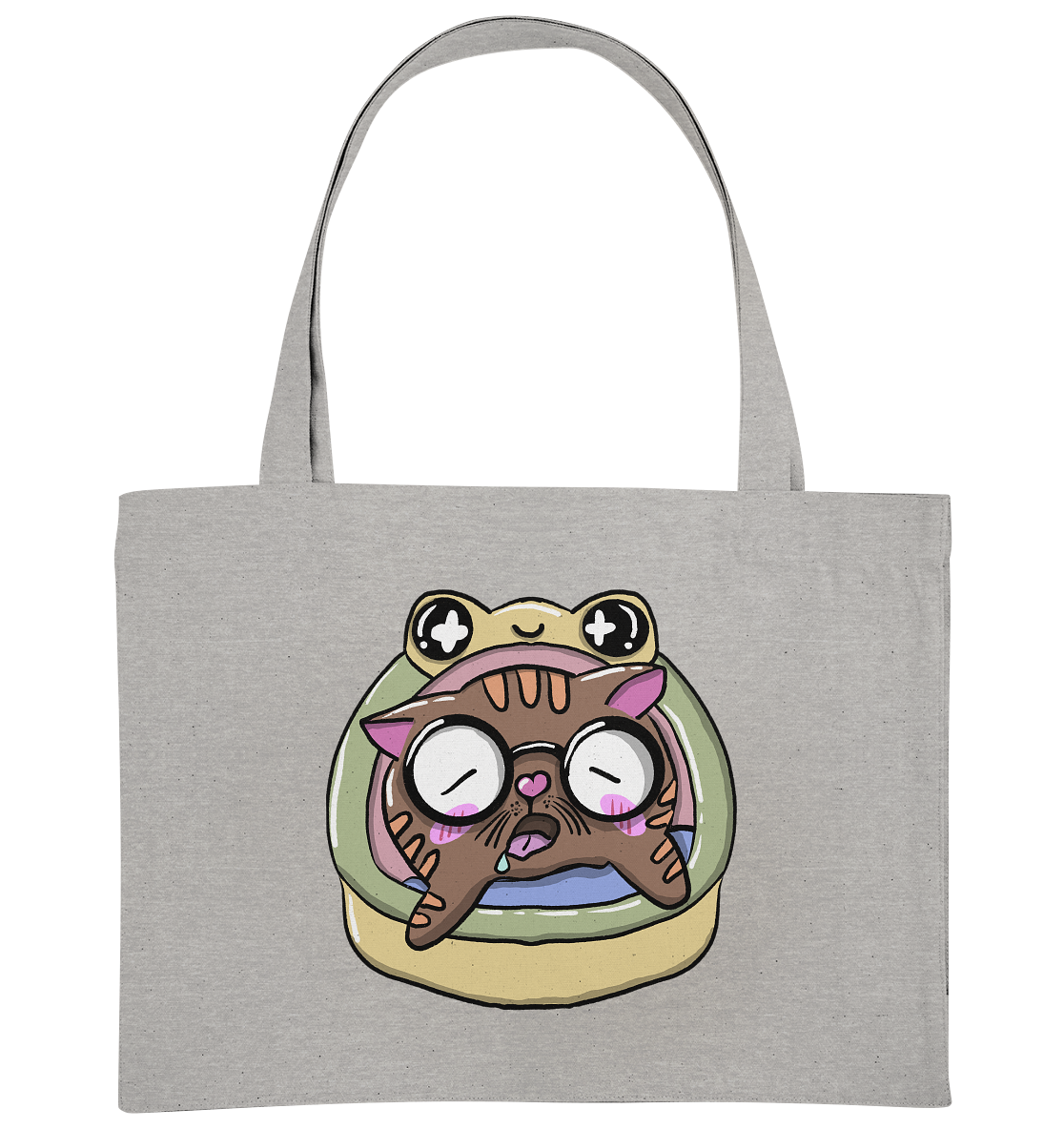 XL-Shopper mit Katzenmotiv Mieze Ludwig. Die Katze schläft im Körbchen mit Froschmotiv. Super süß. Jetzt kaufen auf millicat.de - Taschenfarbe "Grau"