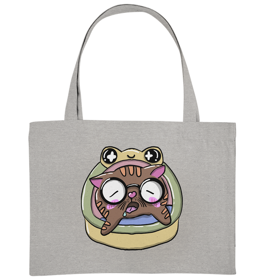 XL-Shopper mit Katzenmotiv Mieze Ludwig. Die Katze schläft im Körbchen mit Froschmotiv. Super süß. Jetzt kaufen auf millicat.de - Taschenfarbe "Grau"