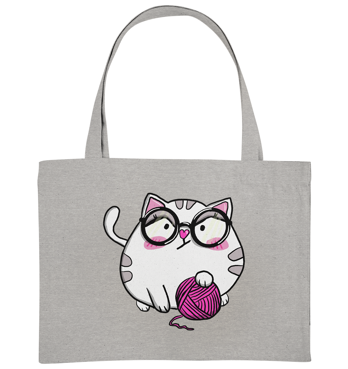 XL-Shopper mit Katzenmotiv Mieze Wilma. Die Katze ist weiß und hat ein pinkes Wollknäuel in der Pfote. Super süß. Jetzt kaufen auf millicat.de - Taschenfarbe Grau.