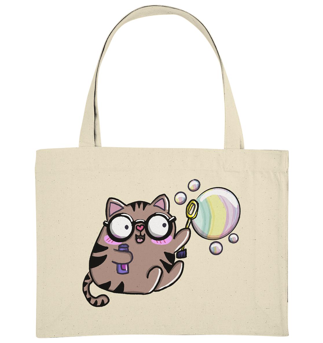 XL-Shopper mit Katzenmotiv Mieze Greta. Die Katze spielt mit Seifenblasen. Super süß. Jetzt kaufen auf millicat.de - Taschenfarbe Natur.