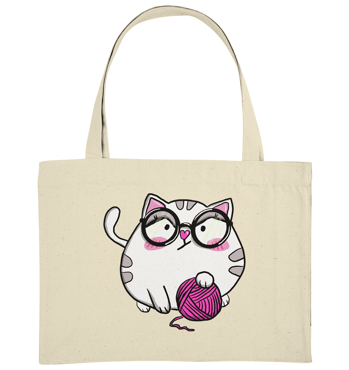XL-Shopper mit Katzenmotiv Mieze Wilma. Die Katze ist weiß und hat ein pinkes Wollknäuel in der Pfote. Super süß. Jetzt kaufen auf millicat.de - Taschenfarbe Natur.