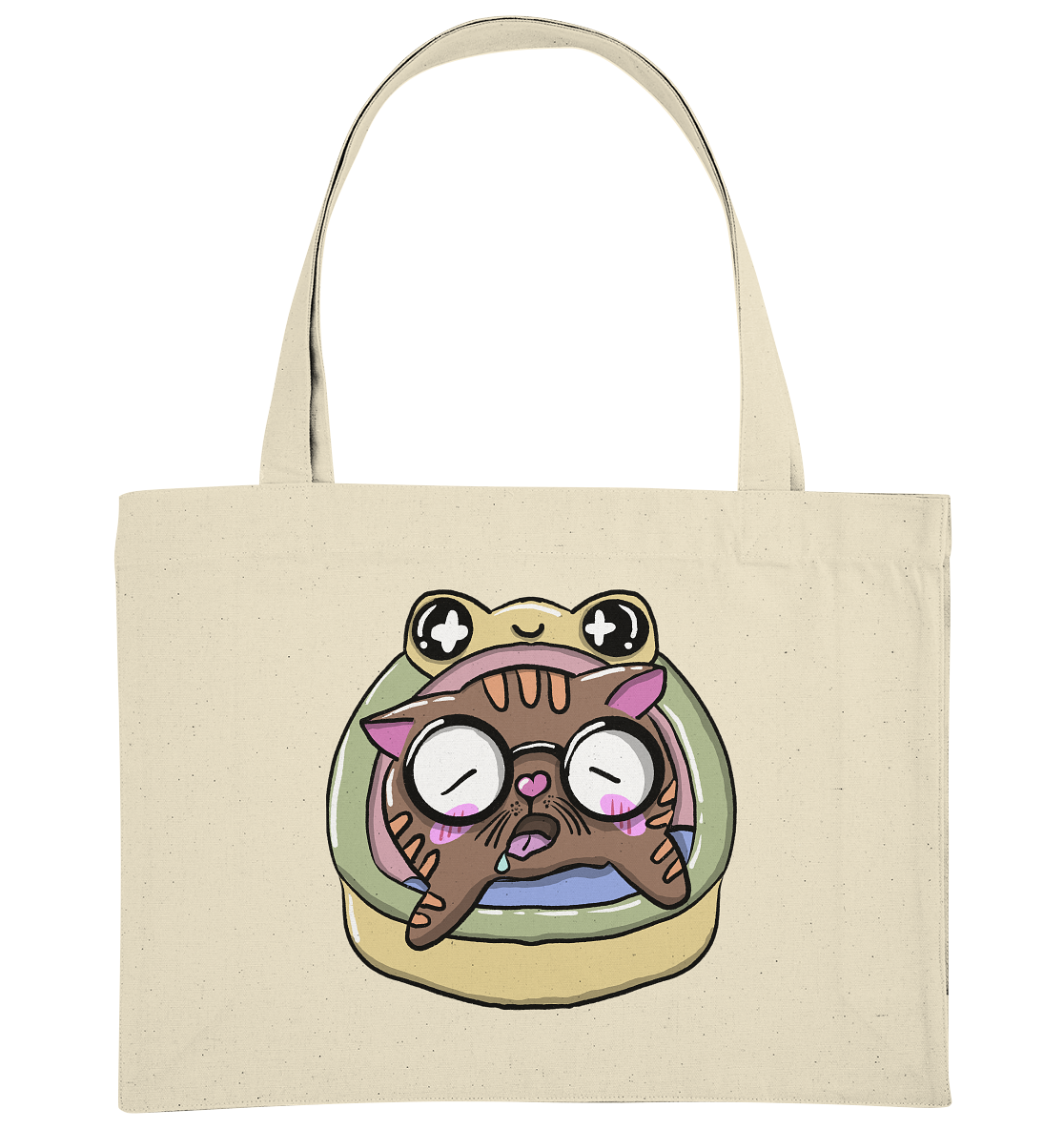 XL-Shopper mit Katzenmotiv Mieze Ludwig. Die Katze schläft im Körbchen mit Froschmotiv. Super süß. Jetzt kaufen auf millicat.de - Taschenfarbe "Natur".