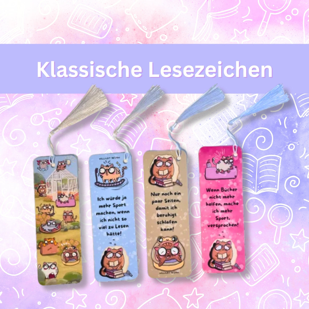 Auswahl Klassische Lesezeichen von MILLICAT DESIGN - Länglich, mit Quaste oder in einzigartiger Motivform