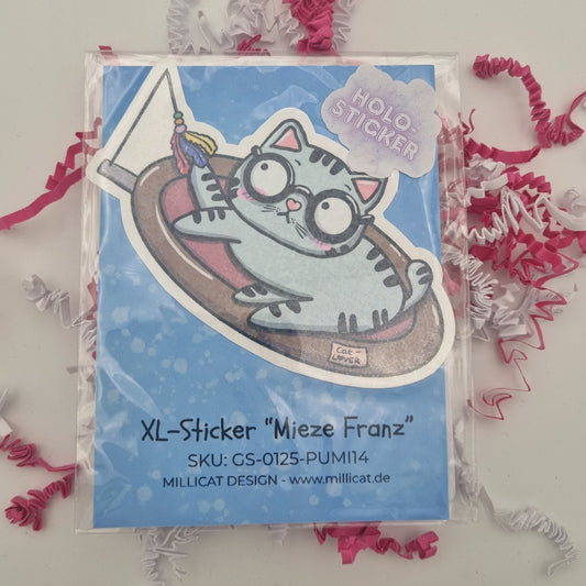 Produktverpackung von Mieze Franz als großer XL Holo Sticker 