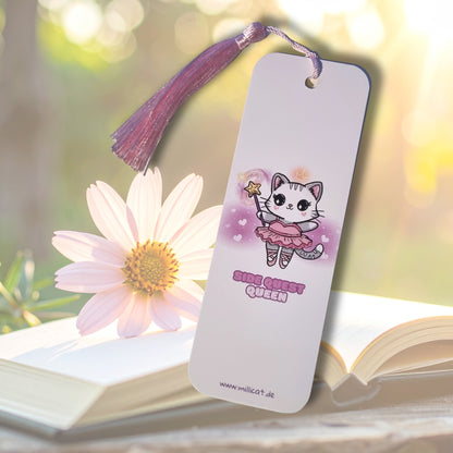 Katzen-Lesezeichen Side Quest Queen – handgemachtes Lesezeichen mit rosa Quaste