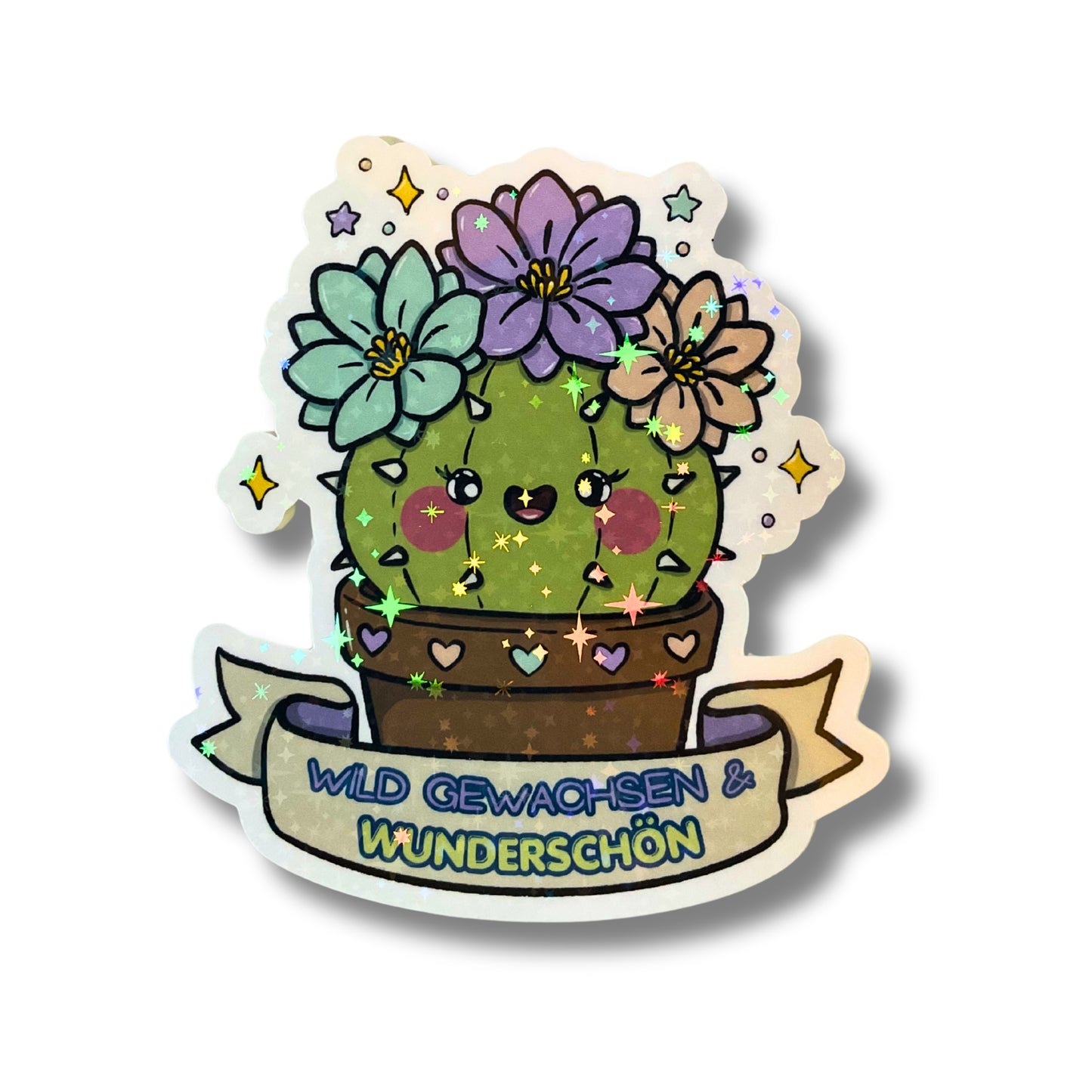 Kaktus Sticker mit Spruch "Wild gewachsen & wunderschön" - Laltus mit Blüten im Blumentopf - von MILLICAT DESIGN