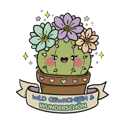 Stacheliger kleiner Kaktus als Sticker Motiv mit bunten Blüten auf dem Kopf. Statement Wild gewachsen & wunderschön.