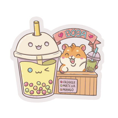 Sticker von einem Boba-Stand mit einem süßen Hamster als Verkäufer. Kawaii Style, super süß. Handgezeichneter Sticker von MILLICAT DESIGN.