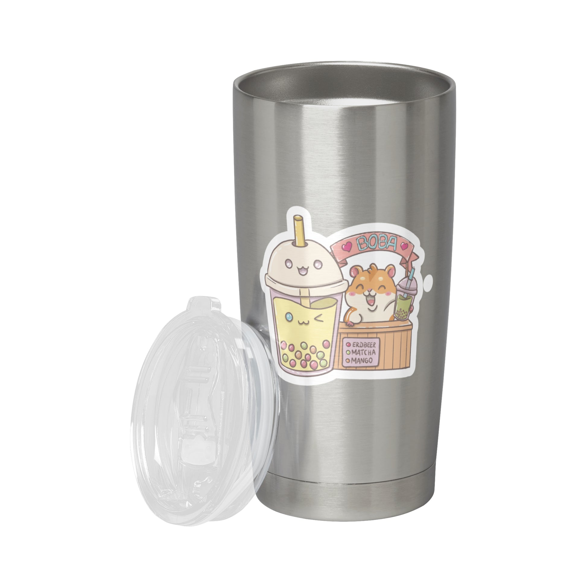 Hamstersticker klebt auf einem Beispiel-Metallbecher