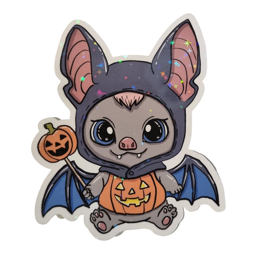 XL-Sticker "Fledermaus im Kürbiskostüm" - Halloween-Sticker aus Vinyl mit Holo-Effekt