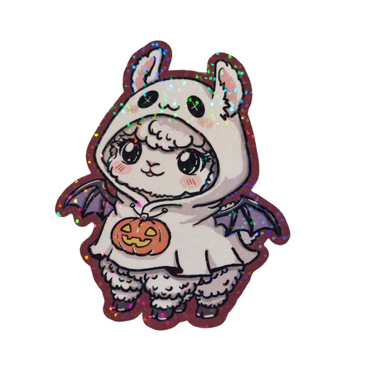 XL-Sticker "Lama im Geisterkostüm" - Halloween-Sticker aus Vinyl mit Holo-Effekt