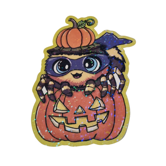XL-Sticker "Spinne im Superhelden-Kostüm" - Halloween-Sticker aus Vinyl mit Holo-Effekt