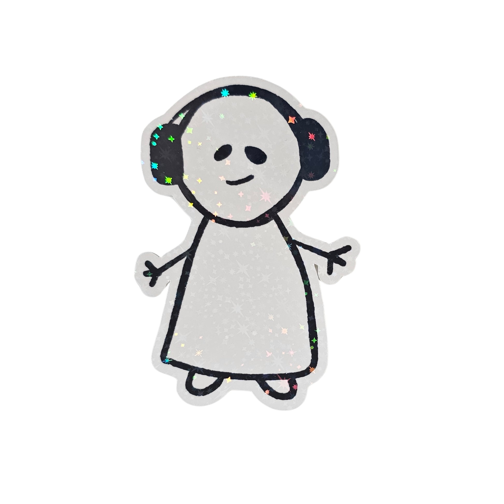 Handgezeichneter Sticker mit Strichmännchen mit Kopfhörern, lächelnd, laminiert mit Sternchen Effekt.