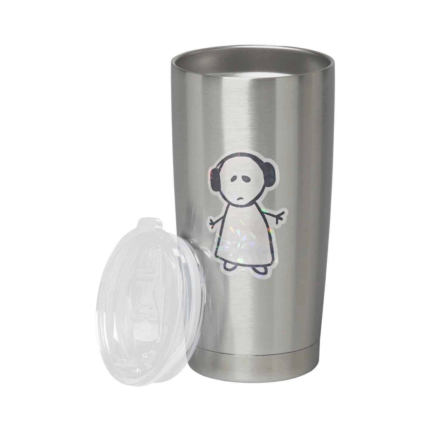 Silberner Becher mit handgezeichnet Sticker eines Strichmännchens, traurig aussehend, handgezeichnet von MILLICAT DESIGN