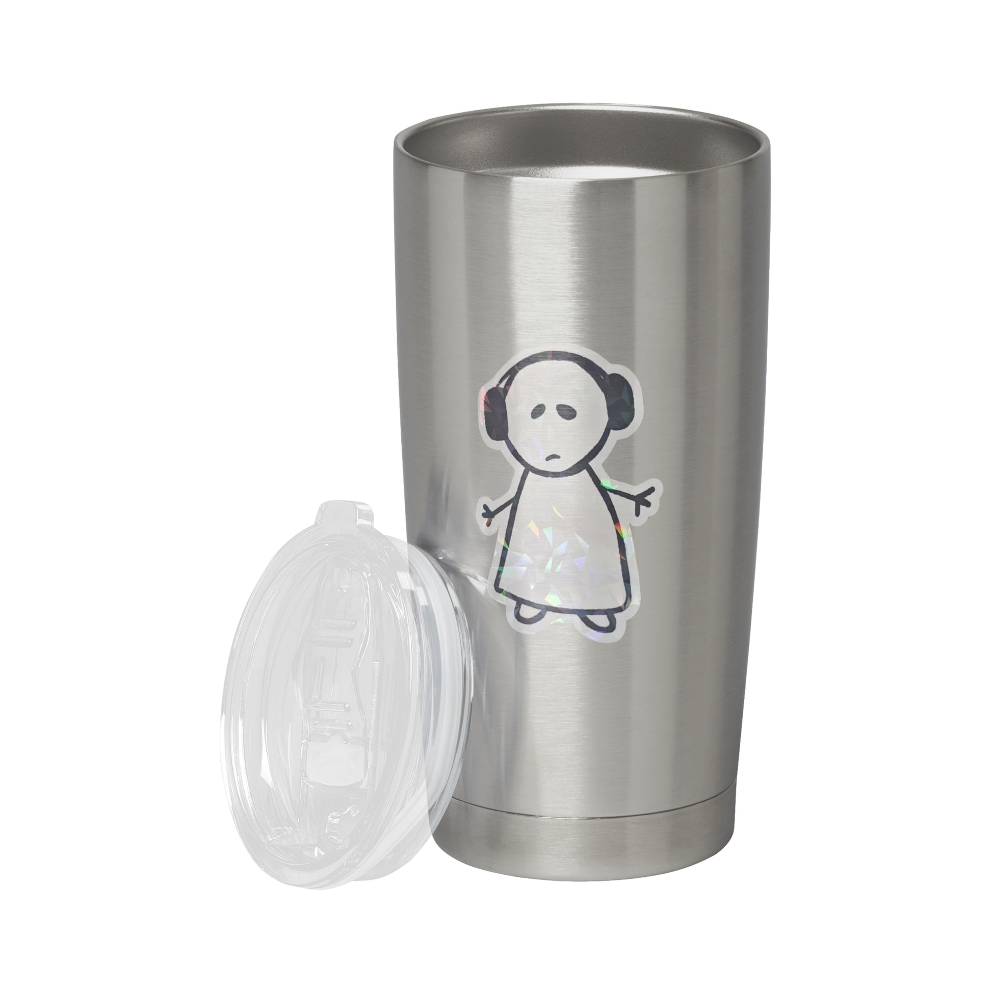 Silberner Becher mit handgezeichnet Sticker eines Strichmännchens, traurig aussehend, handgezeichnet von MILLICAT DESIGN