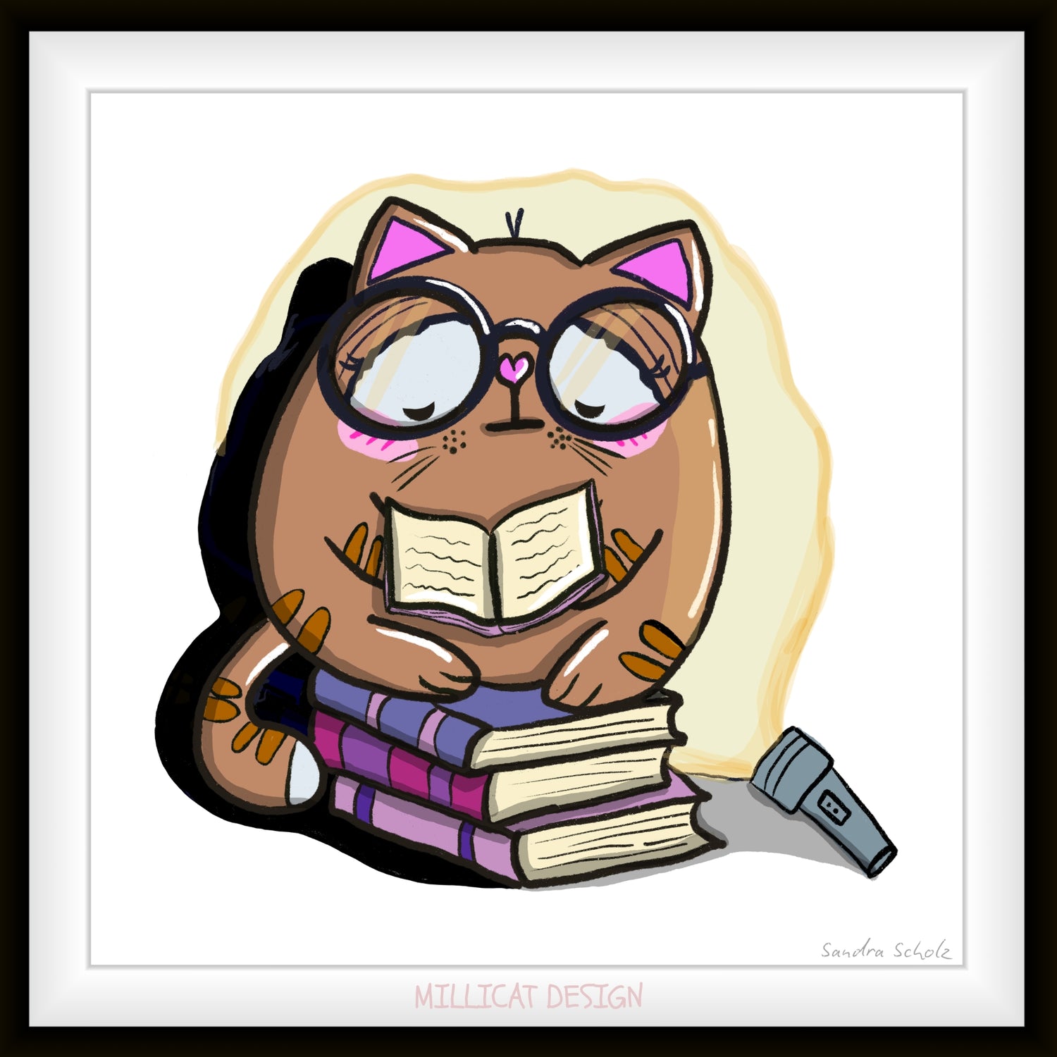 Illustration Mieze Frieda vertieft in ein Buch auf einem Bücherstapel sitzemd – Symbol für Selbstfürsorge und innere Stärke.