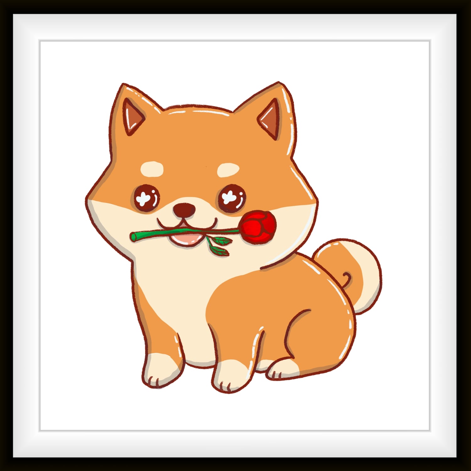 Shiba Inu Hiro st ein handgezeichneter Hunde-Charakter von MILLICAT DESIGN. Er sitzt brav und wartet und trägt dabei eine rote Rose in der Schnauze.