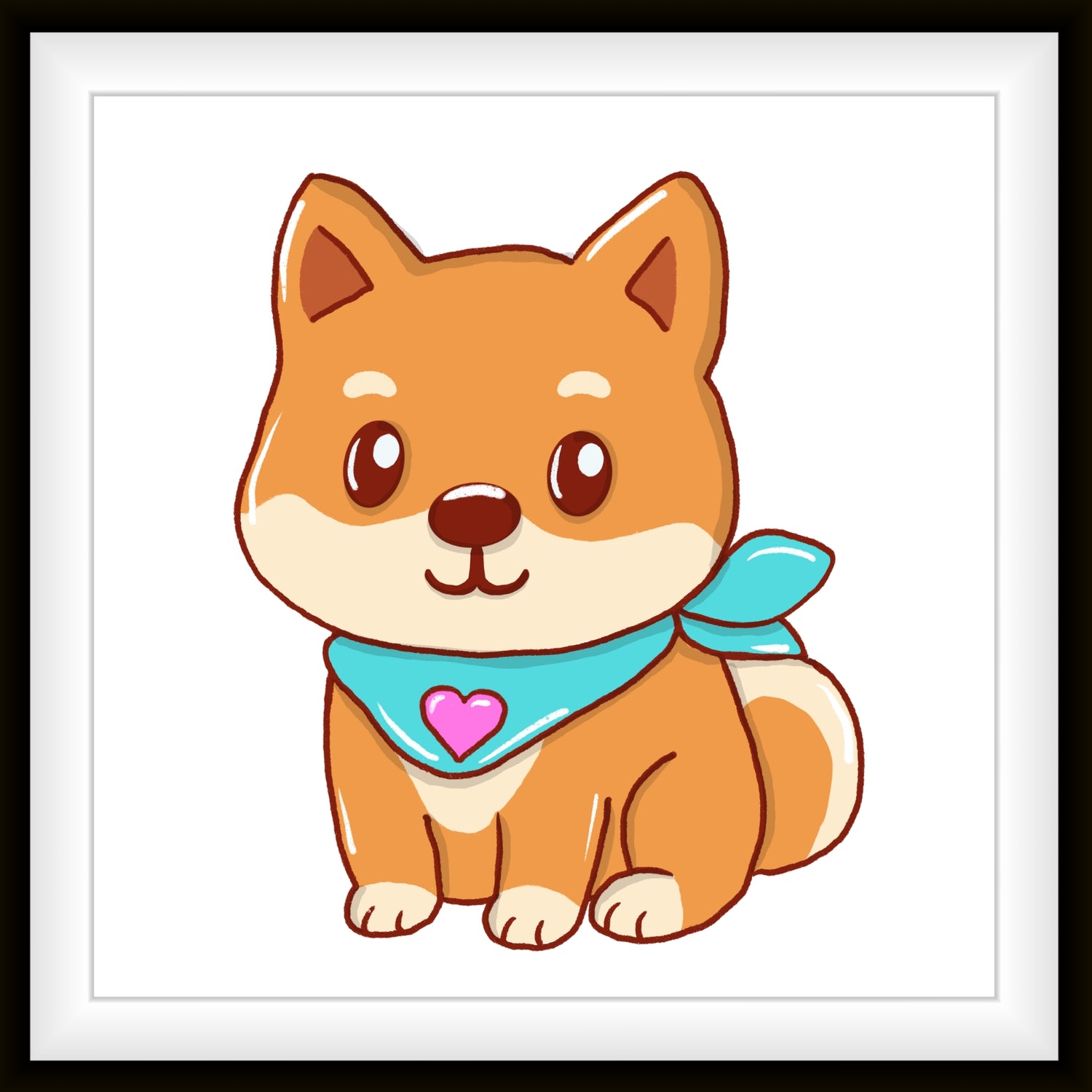 Shiba Inu Kenji ist ein handgezeichneter Hunde-Charakter von MILLICAT DESIGN. Er trägt ein blaues Halstuch, darauf ein rosa Herz.