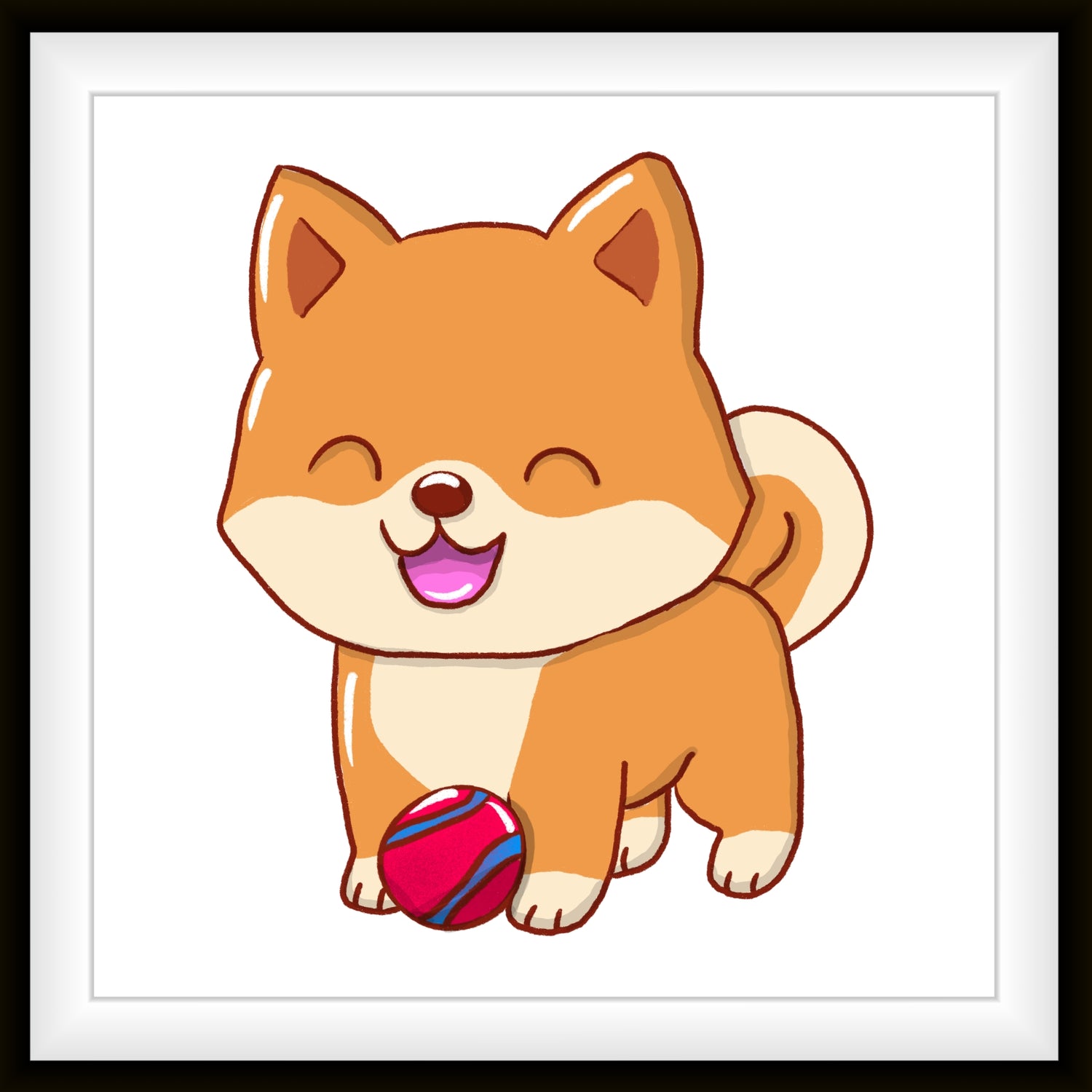 Shiba Inu Kichi ist ein handgezeichneter Hunde-Charakter von MILLICAT DESIGN. Er spielt hier gerade mit seinem rot-blauen Ball. Sein Mund ist vor Freude offen und die Augen geschlossen.