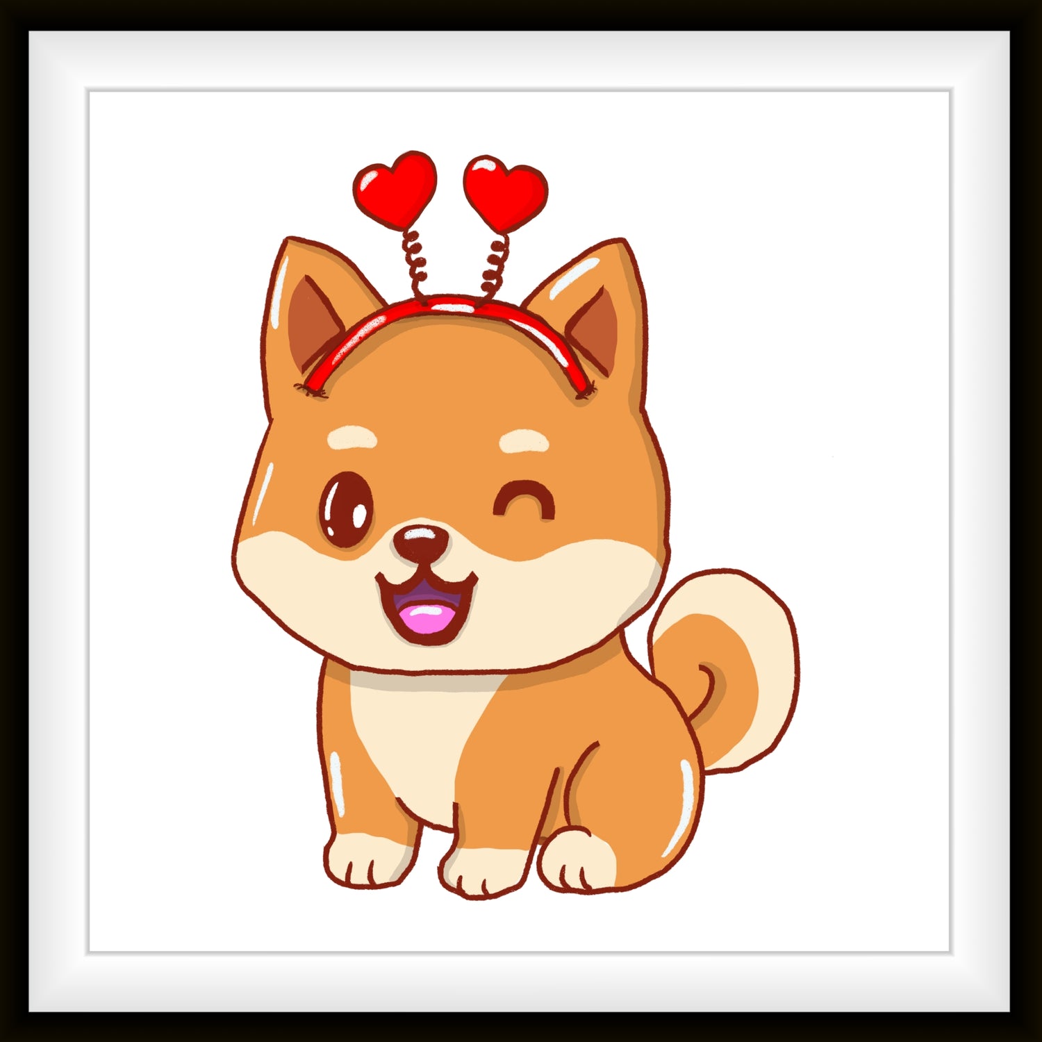 Shiba Inu Kiko trägt einen roten Haarreif mit zwei Wackelherzen. Sie zwinkert uns zu. Kiko ist ein weiterer handgezeichneter Hunde-Charakter von MILLICAT DESIGN.