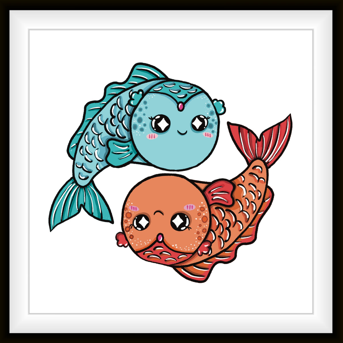 Das Sternzeichenbild Fische besteht aus zwei handgezeichneten Fischen, die sich gegenüber liegen. Ein Fisch ist rot, der andere blau. Sie lächeln beide.