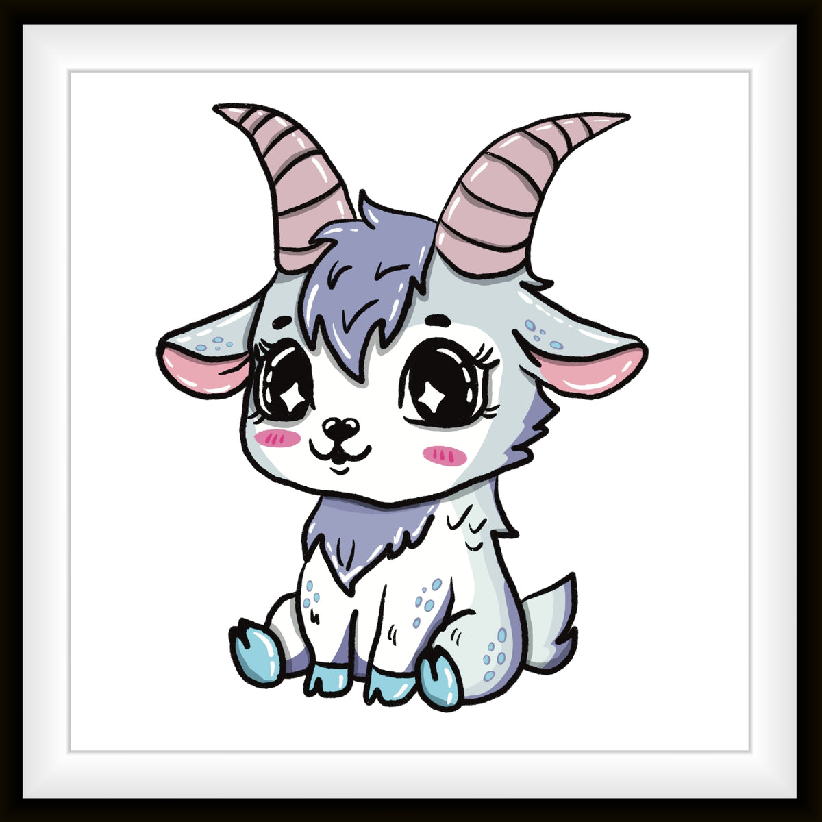 Ein kleiner Steinbock sitzt auf dem Biden, handgezeichnet im Kawaii Stil. Er steht für das Sternzeichen Steinbock - ein Charakter von MILLICAT DESIGN.