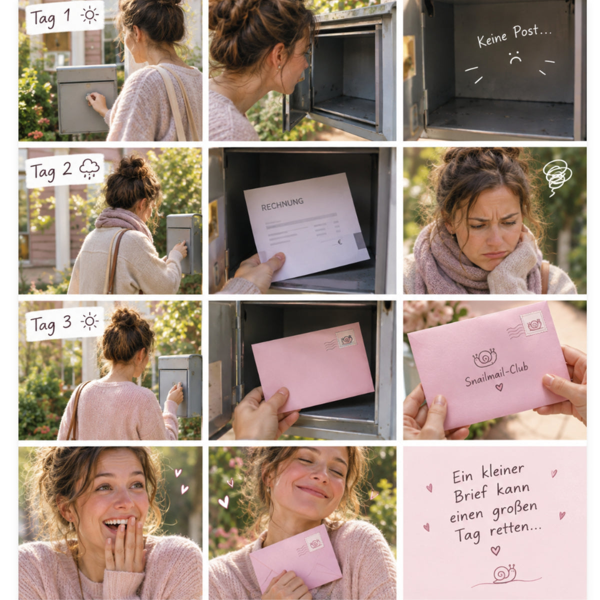 Bild zeigt eine Fotostory, eine frau öffnet an drei Tagen hintereinander den Briefkasten. Tag 1 ist der Briefkasten leer, sie ist traurig. Tag 2 eine Rechnung, sie ist enttäuscht. Tag 3 der Mailclub Brief ist da und sie freut sich.