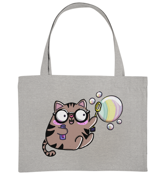 XL-Shopper mit Katzenmotiv Mieze Greta. Die Katze spielt mit Seifenblasen. Super süß. Jetzt kaufen auf millicat.de - Taschenfarbe Grau.