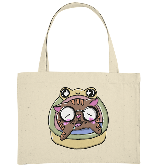 XL-Shopper mit Katzenmotiv Mieze Ludwig. Die Katze schläft im Körbchen mit Froschmotiv. Super süß. Jetzt kaufen auf millicat.de - Taschenfarbe "Natur".