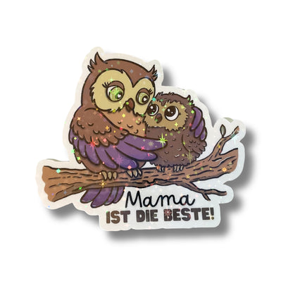 Muttertags-Sticker mit Eulen Motiv: Mama Eule legt schützend ihren Flügel um ihr Baby. Mit Holo Effekt, Glitzert mit Sternchen. Aus dem Atelier von Millicat Design