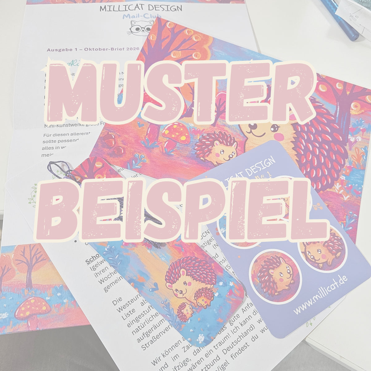 Beispielfoto für den Mailclub, zeigt einen Igel mit zwei Babys in einer bunten Herbstszene, Pilze und Bäume.