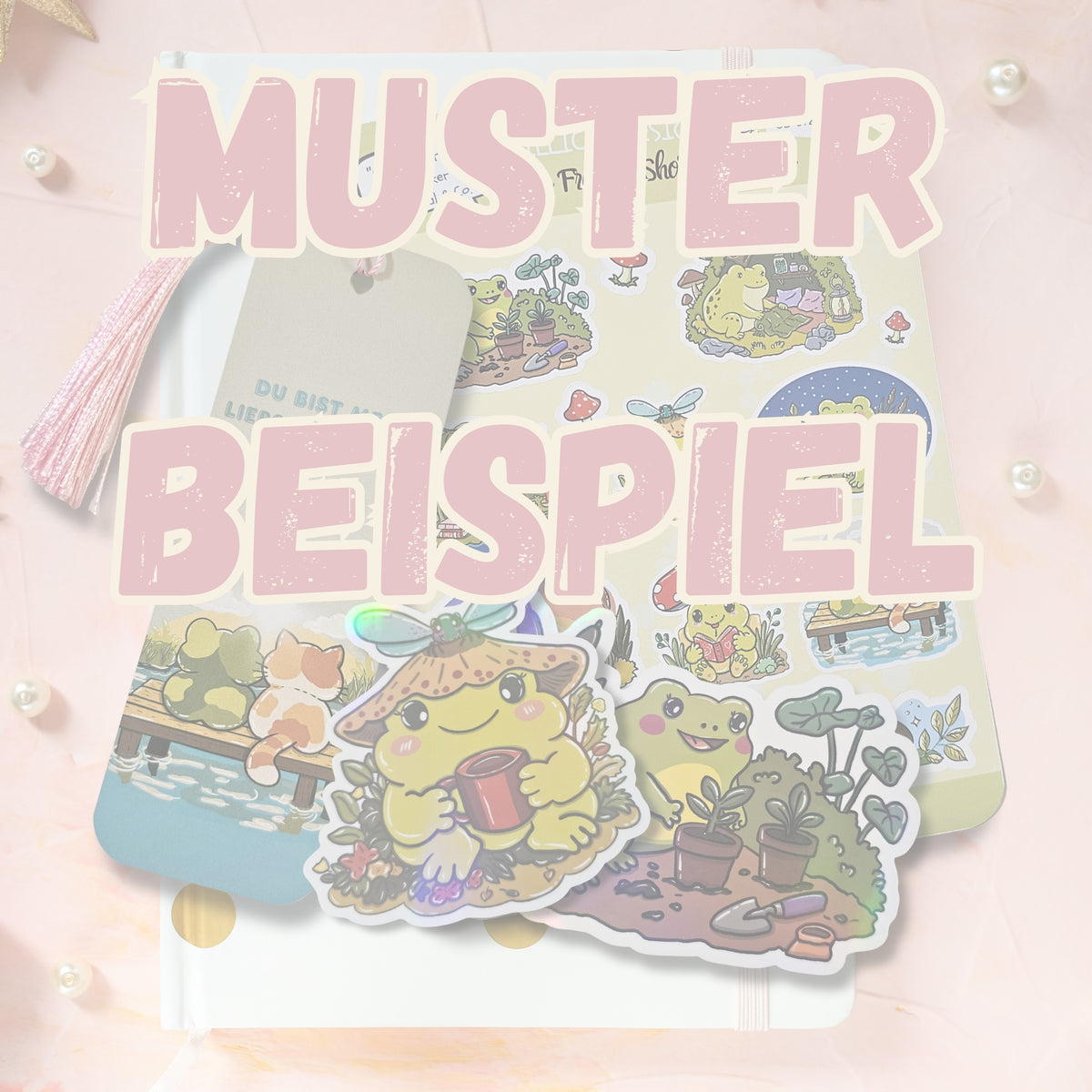 zeigt Beispielfoto für Mailclub Inhalte, wie ein Lesezeichen, Sticker, Stickerbögen, welche im monatlichen Brief enthalten sein können. in diesem Beispiel sind es verschiedene Frösche im Kawaiistil und Goblincore Design.