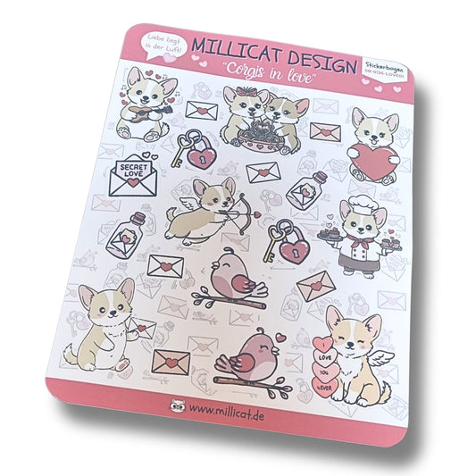 Stickerbogen mit Hundemotiven - Corgis in Love - Sticker rund um Vallentinstag, Hochzeitstag, Liebe und Freundschaft