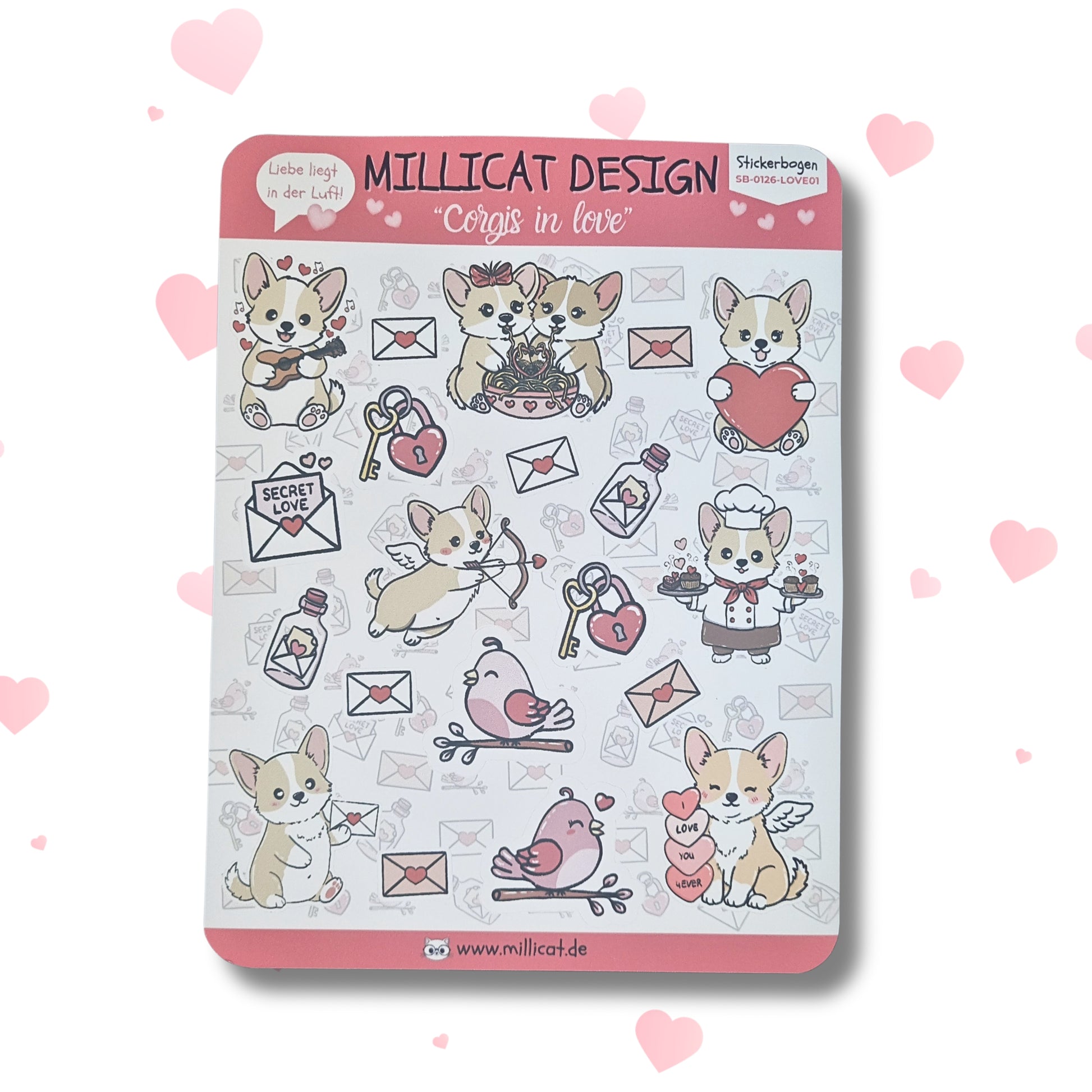 Stickerbogen mit Hundestickern: Corgis in Love-Kollektion mit Liebesbotschaften als Sticker, ideal für Freundschaft und Hochzeit, zum Valentinstag und mehr.