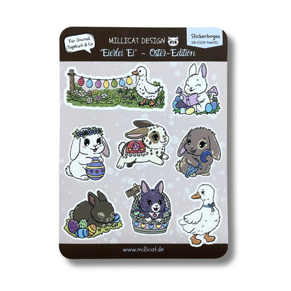 Oster-Stickerbogen mit Hasen und Gänsen - 8 süße Sticker auf einem Stickerblatt
