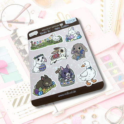 Hasensticker für den Planner - Journaling und Tagebuch Aufkleber zum Planen der Osterwoche oder einfach zum Dekorieren der Osterpost - Stickerbogen mit Hasen und Gänsen mit bunten Ostereiern.