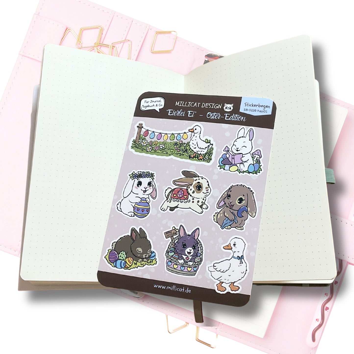 Bunte Hasen Aufkleber, süßer Stickerbogen für Ostern. Hasen und Gänsemotive zum Kleben und Sammeln.