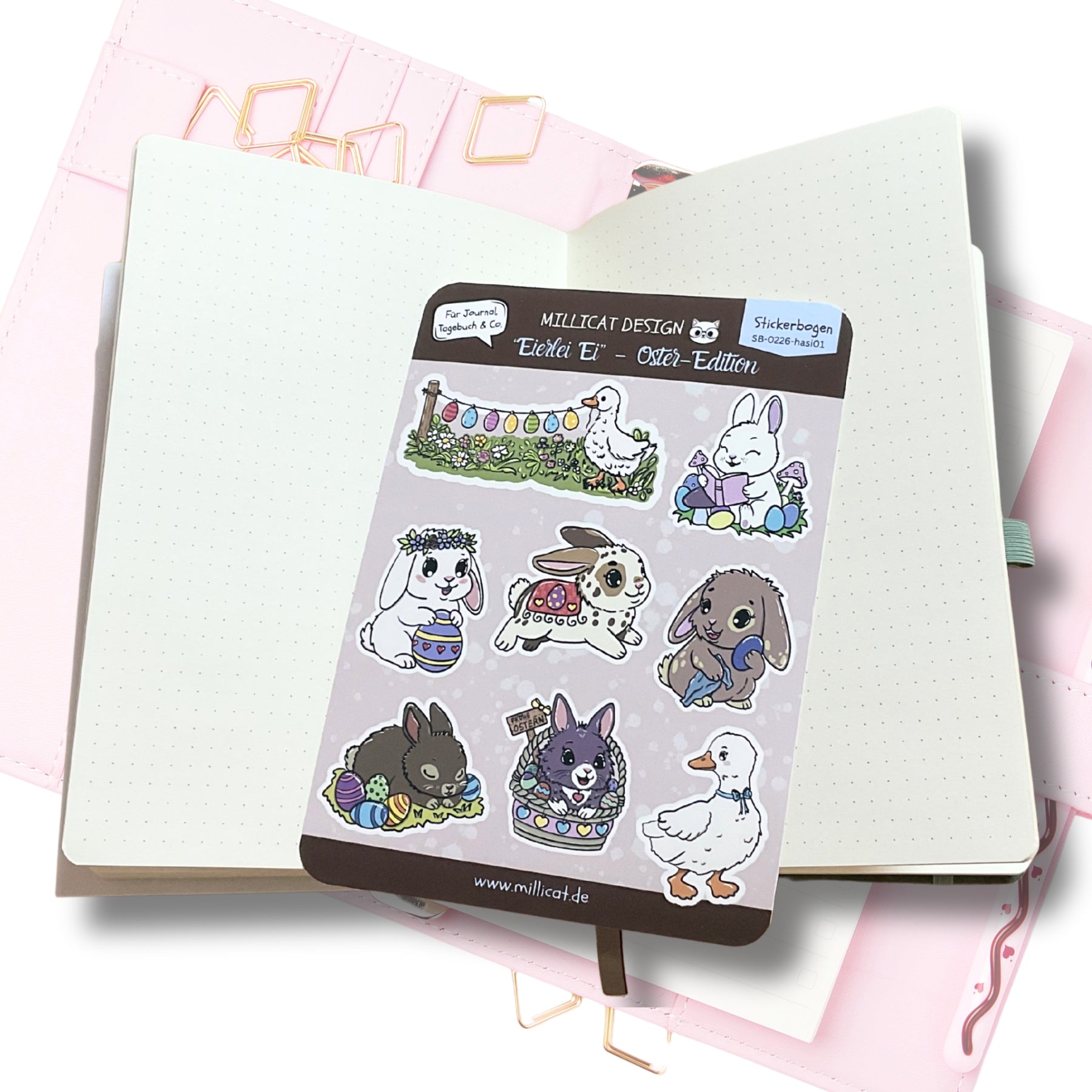 Bunte Hasen Aufkleber, süßer Stickerbogen für Ostern. Hasen und Gänsemotive zum Kleben und Sammeln.