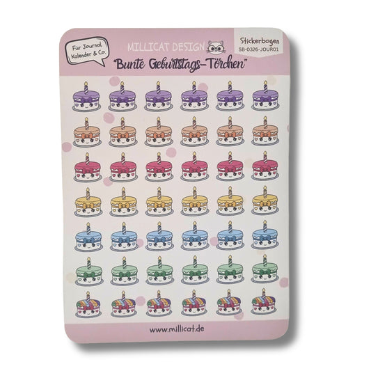 Stickerbogen "Bunte Geburtstags-Törtchen" | 42 Planner-Sticker mit Torten-Motiv