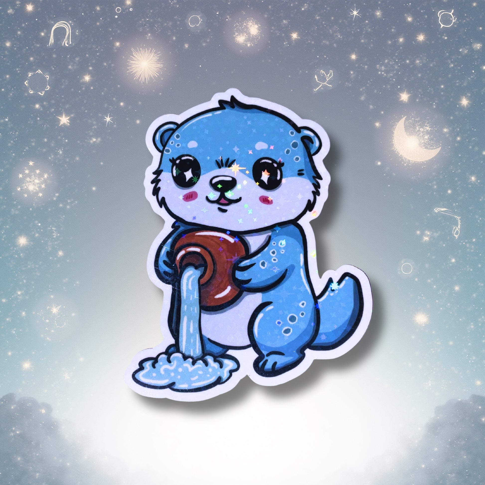 Handgezeichneter Wassermann Aufkleber mit Otter Fiete als Laptopsticker auf der glatten Oberfläche eines Notebooks aufgeklebt.