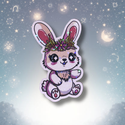 Nahaufnahme vom Tierkreiszeichen Aufkleber Jungfrau Hase mit funkelndem Holo-Sterne-Effekt auf dem weißen Vinyl-Material.