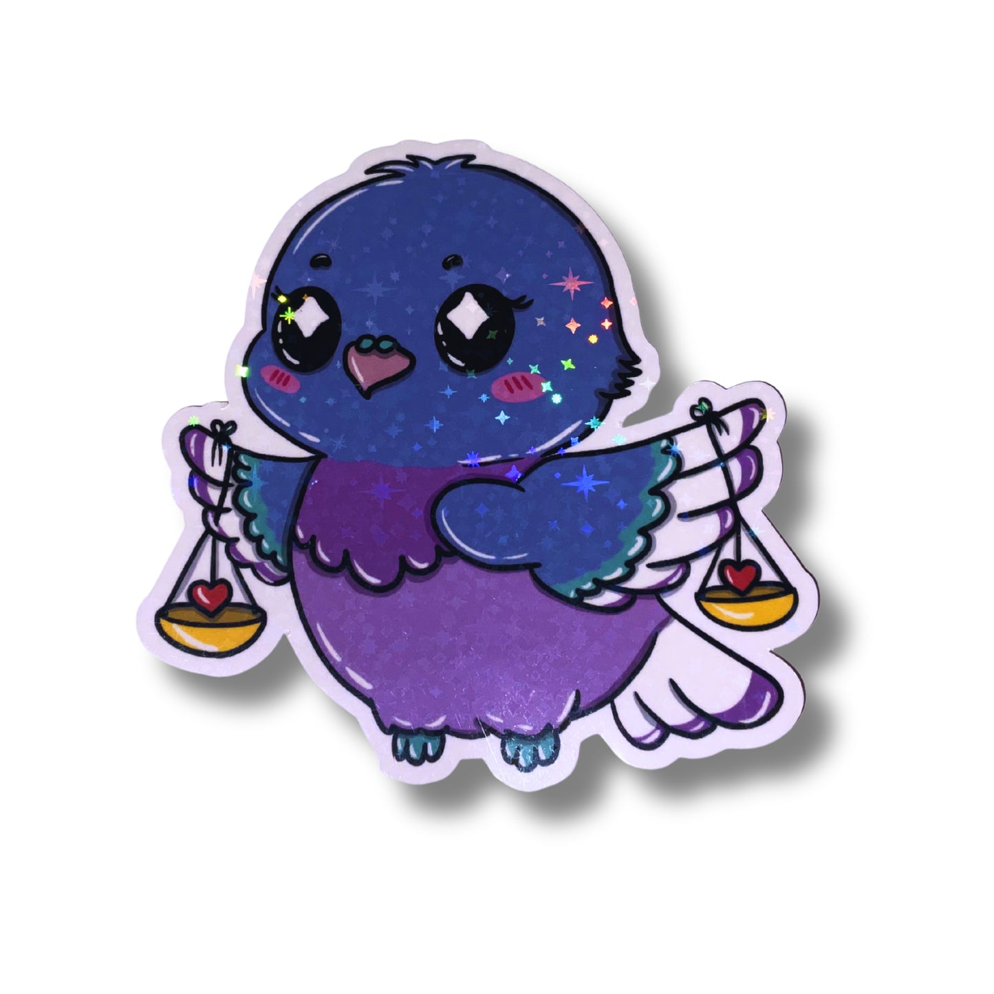 Großer Sternzeichen Sticker Waage als weiße Taube Martha mit Herzen in den Waagschalen aus der Zodiac Cuties Kollektion von Millicat Design.