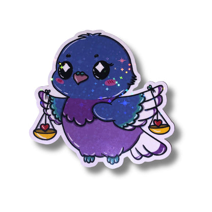 Großer Sternzeichen Sticker Waage als weiße Taube Martha mit Herzen in den Waagschalen aus der Zodiac Cuties Kollektion von Millicat Design.